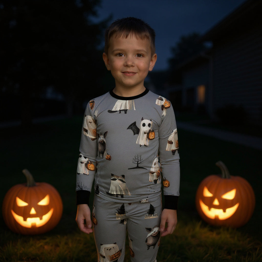 Ghostly Giggles 2-Piece Long Sleeve Bamboo Pajamas for Kids – Halloween Print